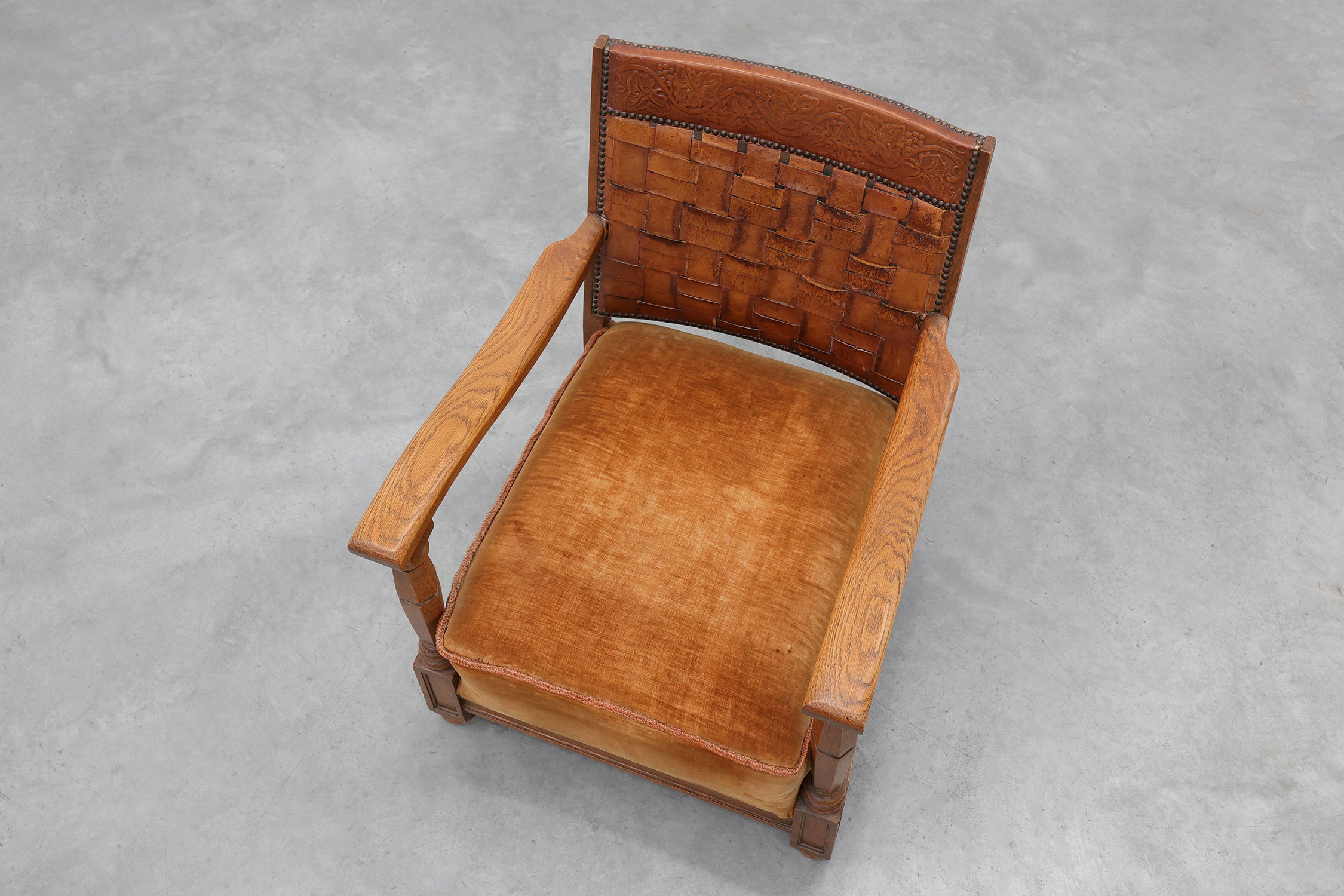 Art Deco Oak Lounge Chair with Woven Leather Back and Ochre Velvet, Belgium, 1920sthumbnail